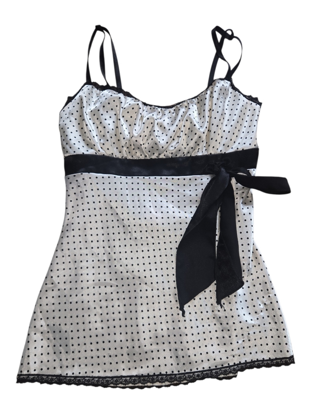Heart Soul White Satin Polka Dot Cami with Black Sash Size M